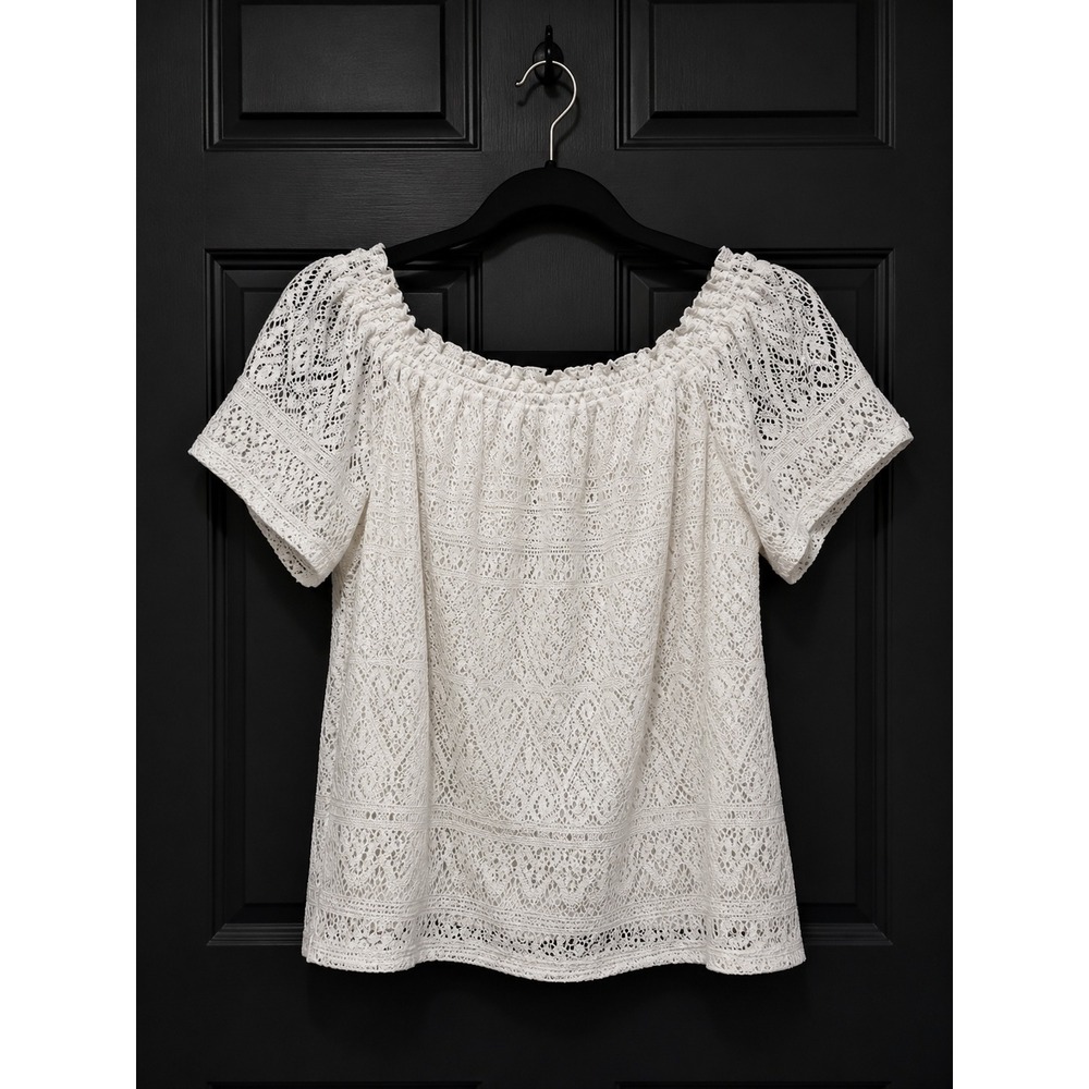 HM White Lace Off Shoulder Flowy Blouse Short Sleeve Top Size M 0381648 3
